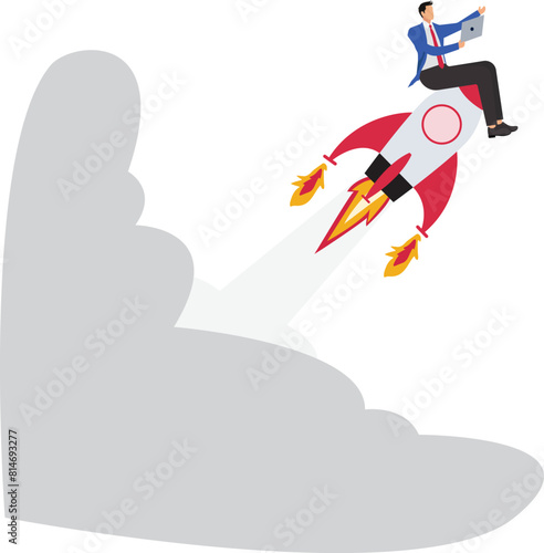 Working on business startup with businessman working using a laptop while sitting on a rocket, launching a new business or product, startup project development concept