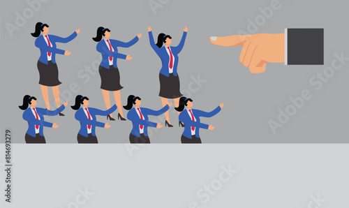 Candidate selection to find professional employees, choosing employee candidates for job position, human resources concept, professional businesswoman pointing at chosen candidate for job position