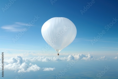 Tranquil white hot air balloon floats gracefully against a clear blue sky, above soft clouds