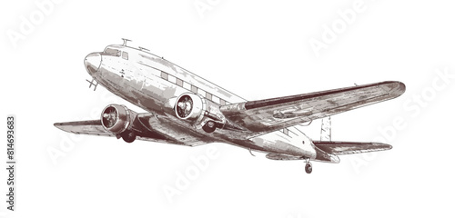 Flying airplane sketch. Air transportation, airline, retro plane vector illustration. vector simple illustration