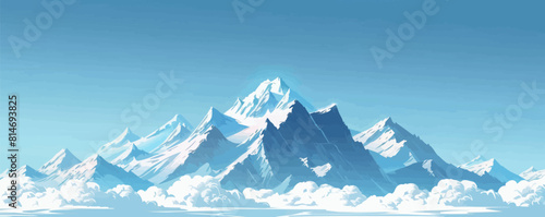 mountains piercing the sky, their peaks obscured by wisps of clouds. Digital art style vector flat minimalistic isolated illustration.