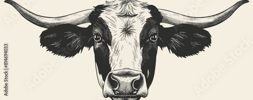 Drawing of isolated cow head with horns on the white. vector simple illustration