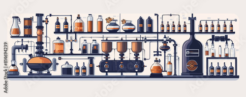 Alcohol distillation process. Fermentation, distillation, aging and bottling alcohol drink. vector simple illustration