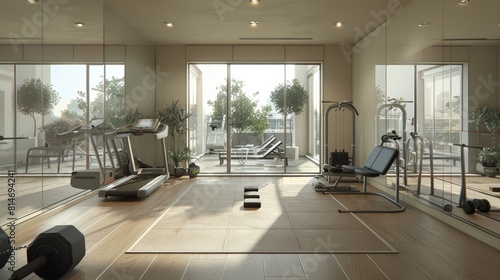 Functional minimal home gym with essential equipment  mirrored walls  and minimal distractions