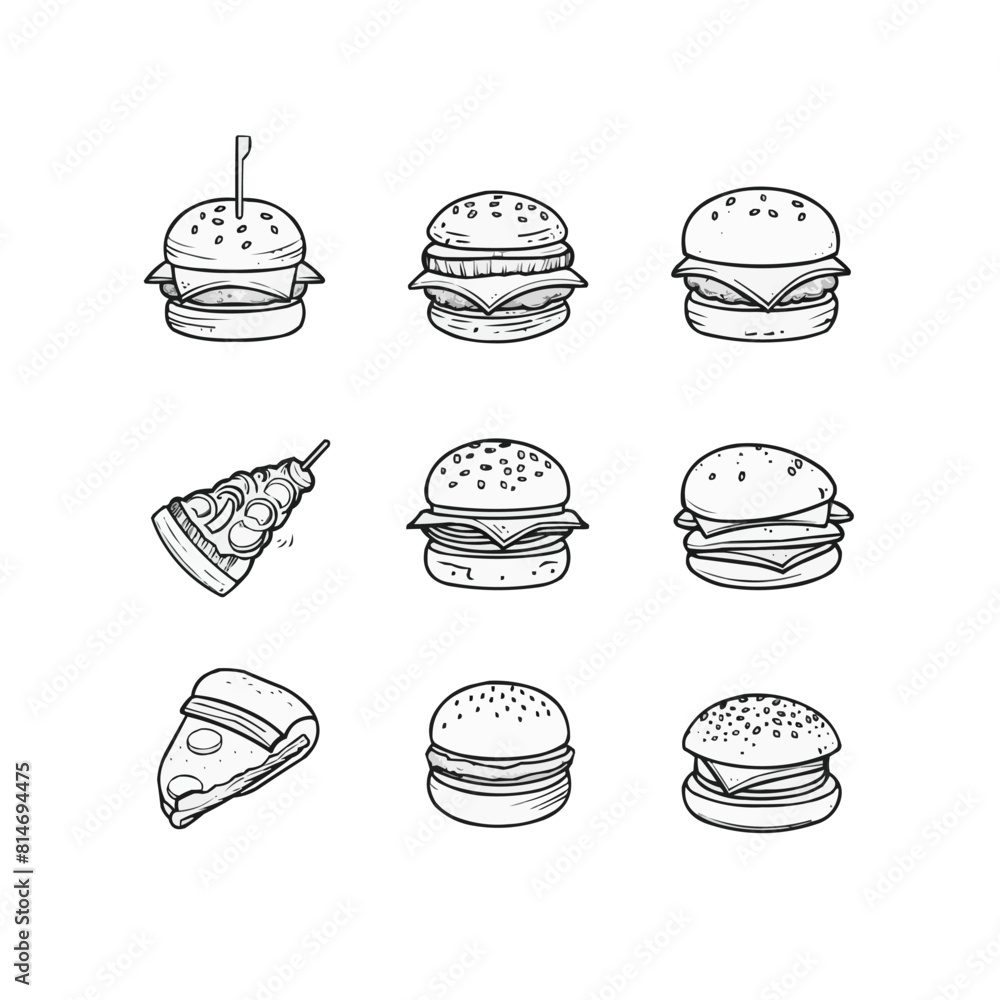 Collection burger linear icons. Vector illustration isolated on white background.