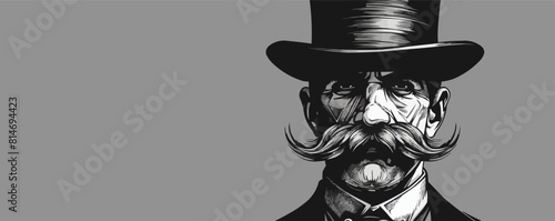 Portrait of an English gentleman with a mustache in a suit and top hat hand drawn. vector simple illustration