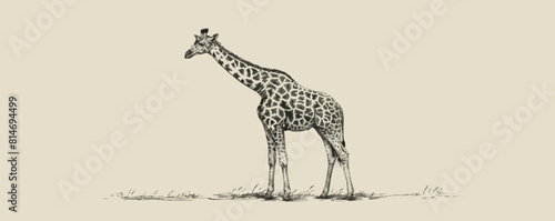 Giraffe standing hand drawn sketch engraving style. vector simple illustration