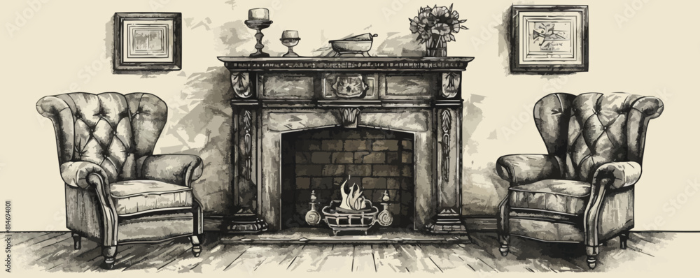 Fototapeta premium Vintage old fireplace sketch hand drawn engraved style. vector simple illustration