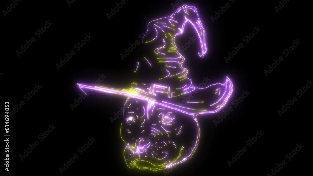 neon animation of pitbull dog wearing the witch hat. neon animation of pitbull dog wearing the witch hat.