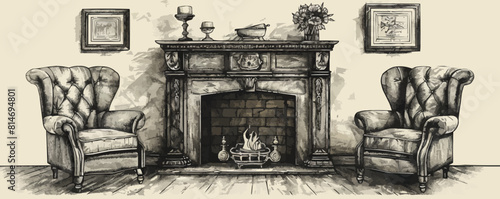 Vintage old fireplace sketch hand drawn engraved style. vector simple illustration