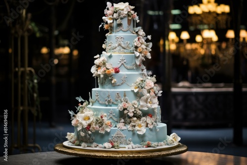 Luxurious wedding cake adorned with intricate sugar flowers, showcased in a sophisticated venue setting photo