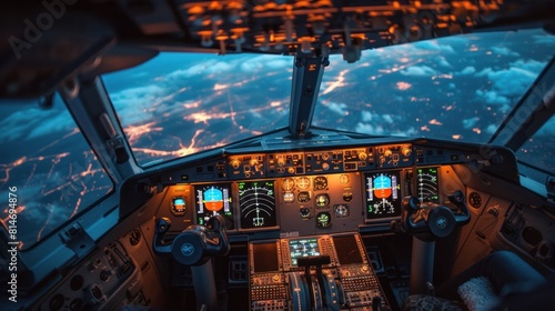 A commercial airplane pilot controls the throttle lever during takeoff or takeoff. View from inside the cabin real airplane Shooting during the day