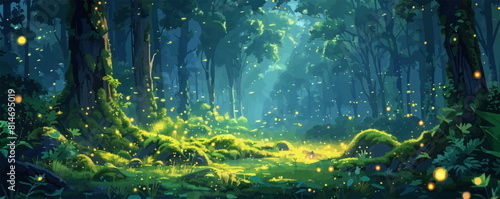 A magical forest bathed in the soft glow of fireflies, with towering trees and a carpet of moss underfoot. Vector flat minimalistic isolated illustration
