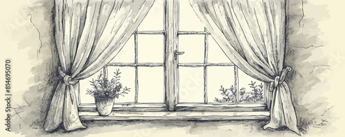 Window with curtains hand drawn sketch in doodle style. vector simple illustration