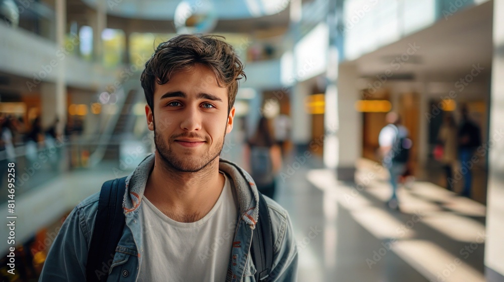 Fototapeta premium Young dark-haired man with backpack behind his back against the backdrop of shopping center
