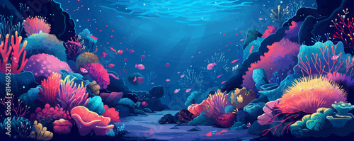 A surreal underwater world teeming with colorful coral reefs and exotic marine life. Vector flat minimalistic isolate