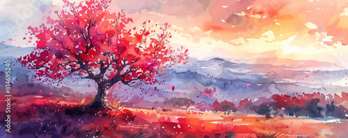 An artistic landscape with a cherry tree, cherry blossoms and sunset painted with