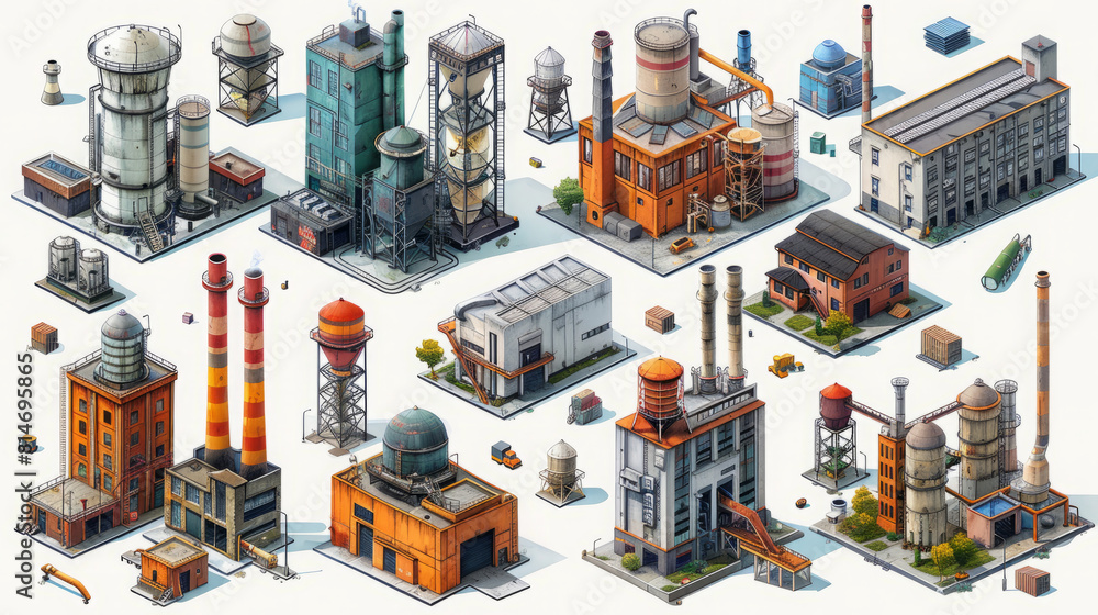 Detailed isometric view of industrial buildings and facilities