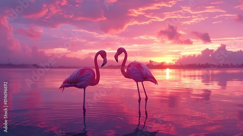 Amazing pink flamingos in the lake at sunset.