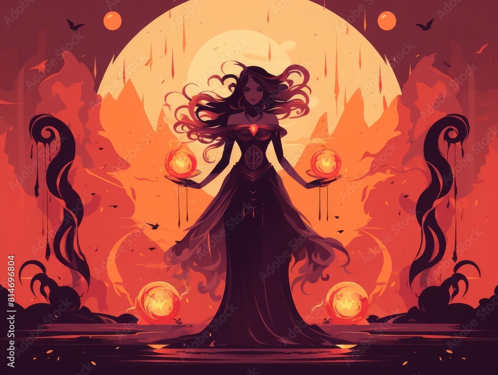 Fantasy witches coven flat design front view sorceress gathering theme cartoon drawing Complementary Color Scheme