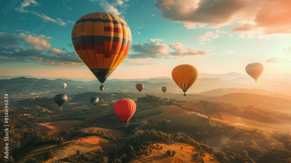 Scenic landscape with colorful hot air balloons at sunset Scenic landscape with colorful hot air balloons at sunset