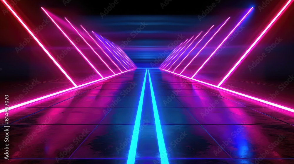 Abstract futuristic neon lines background, blue and pink color. Cyber space and data transfer concept , Fantastic background, geometric neon lights and glow, symmetrical, dark reflection