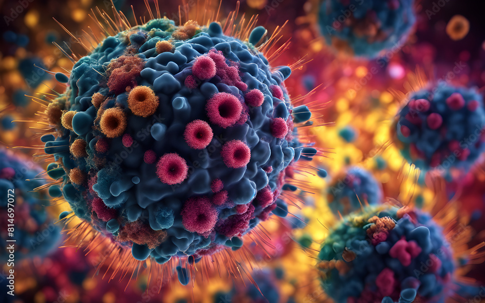 Microscopic view of nanoparticles interacting with a virus, highlighted ...