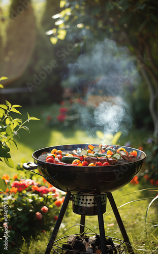 Vibrant, high-resolution image of a barbecue grill with sizzling vegetables and meat, set against a lush green backyard.
