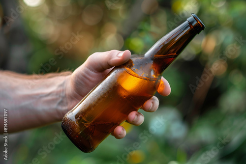 Closeup of the hand of a young male adult holding an open beer bottle symbolising the risks of alcohol abuse.