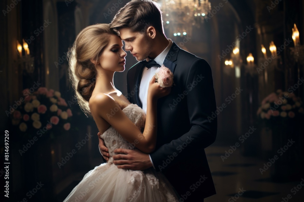 Sophisticated bride and groom share a tender moment in a grand, dimly lit hall Sophisticated bride and groom share a tender moment in a grand, dimly lit hall