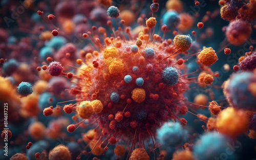 Microscopic view of nanoparticles interacting with a virus, highlighted by vibrant colors to enhance visibility © julien.habis