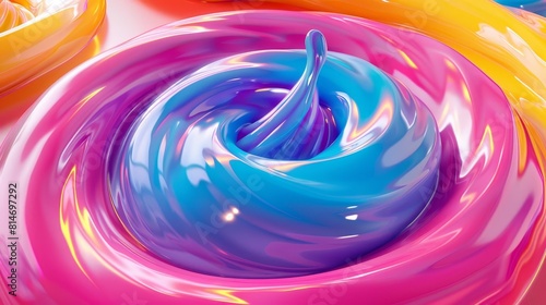 Image shows a close-up of a multicolored slime. The colors are pink, blue, purple, and yellow. The surface of the slime is glossy and smooth. photo