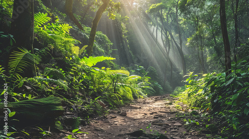 Sunlight streaming through lush green forest on a serene path