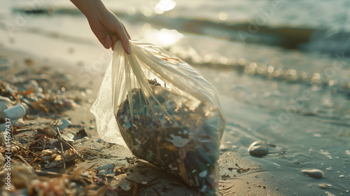 A man on the beach holds a plastic bag with garbage in his hands. The concept of environmental responsibility