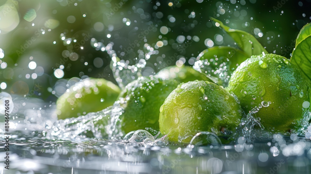 Limes and water splashing in slow motion