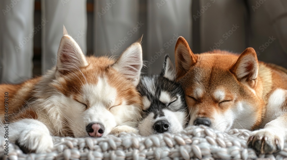 Three cute puppies sleeping soundly on a soft blanket. Three cute puppies sleeping soundly on a soft blanket.