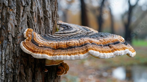 A large polypore mushroom with vibrant colors growing on the side of a tree.