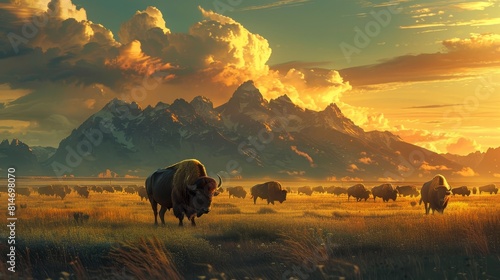 The image shows a herd of bison roaming in a picturesque valley. The setting sun casts a warm glow on the scene, creating a peaceful and majestic atmosphere. photo