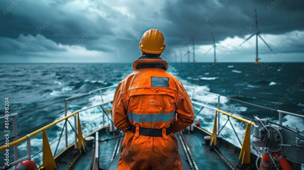 Maintenance engineer standing on a service boat near an offshore wind farm. Portrait of a skilled professional preparing to work at height. Maintenance engineer standing on a service boat near an offshore wind farm. Portrait of a skilled professional preparing to work at height.
