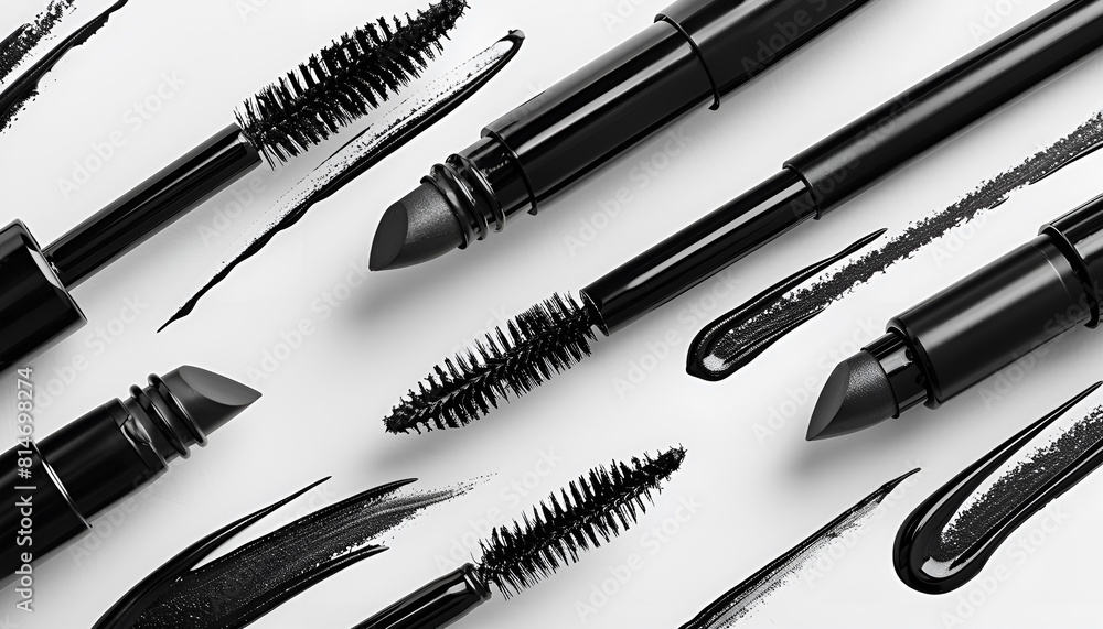 Collection of black eyeliner samples on white background Collection of black eyeliner samples on white background