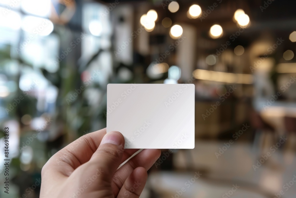Hand Holding Blank Business Card in Modern Cafe Setting Hand Holding Blank Business Card in Modern Cafe Setting