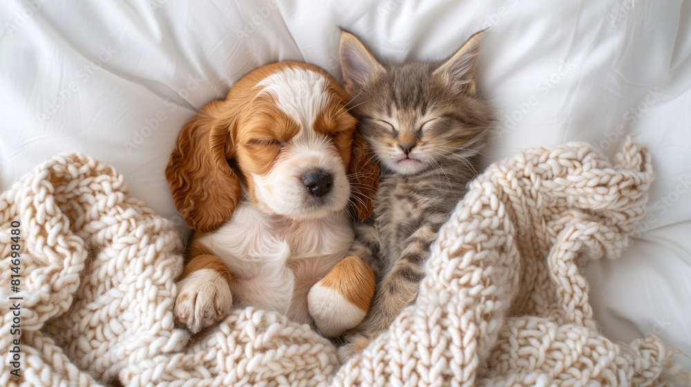 A cute puppy and a kitten sleeping together under a blanket
