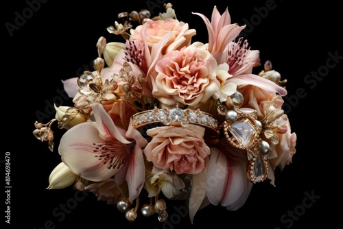 Luxurious wedding bouquet with pink florals  pearls  and sparkling vintage-style watches on a black background
