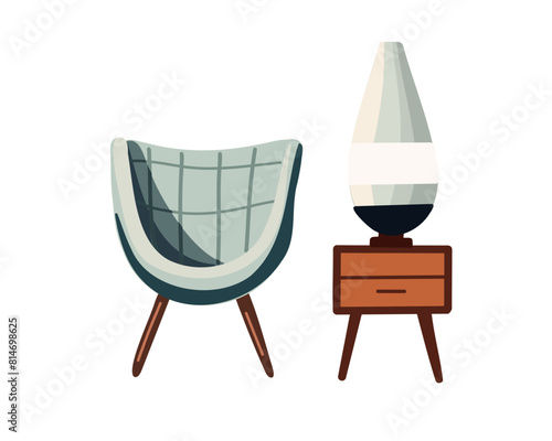 Modern armchair with nightstand and table lamp, vector illustration