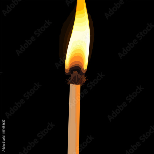 Realistic burning match. Illustration on white and black.