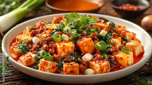 Mapo Tofu, a classic Sichuan dish of tofu in a spicy sauce, with ground pork, and vegetables.