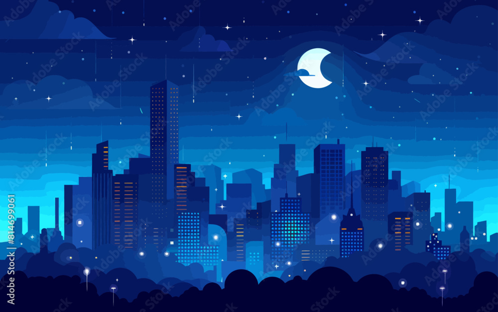 a city at night with a crescent moon