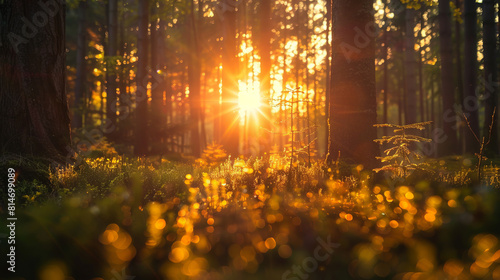 Golden sunset rays piercing through a lush forest