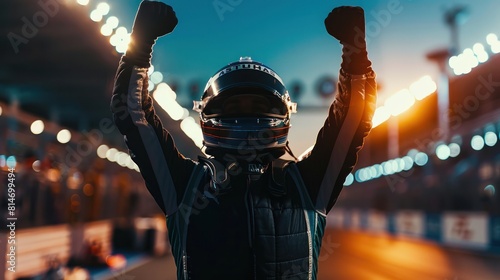 Silhouette of a racing driver celebrating victory in a race against bright lights in a stadium. photo