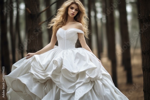 Serene and majestic: an enchanting bride in an ethereal forest setting wearing an elegant bridal gown